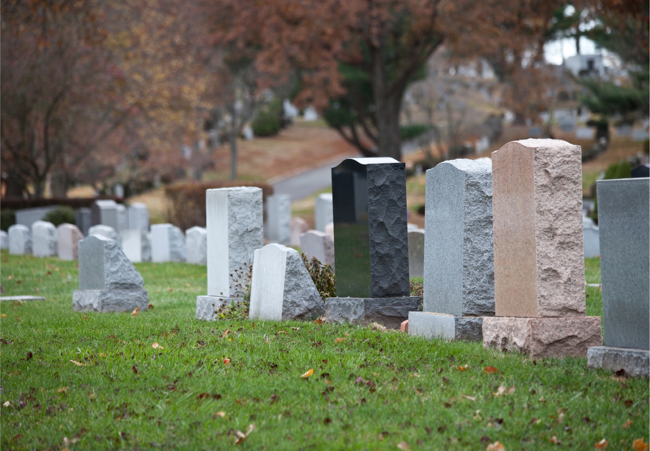 Upright granite monuments standing in cemetery grass under autumn trees